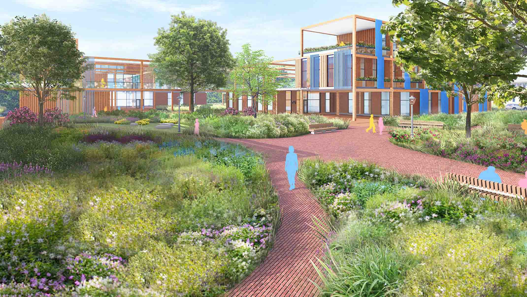 Rendering of people walking through a garden with a building in the background