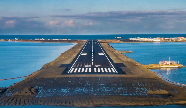 The airport in the remote arctic village of Kotzebue, Alaska juts out into an artificial peninsula near the Chukchi Sea