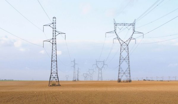 Transmission lines running through vast wheat field