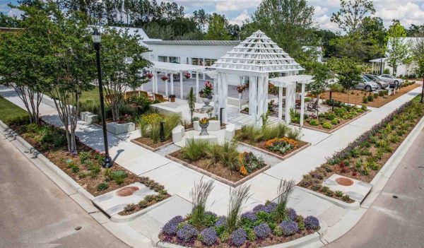 Urban park with landscaping and gazebo.