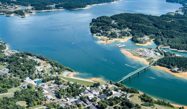 Aerial image of a large lake and community