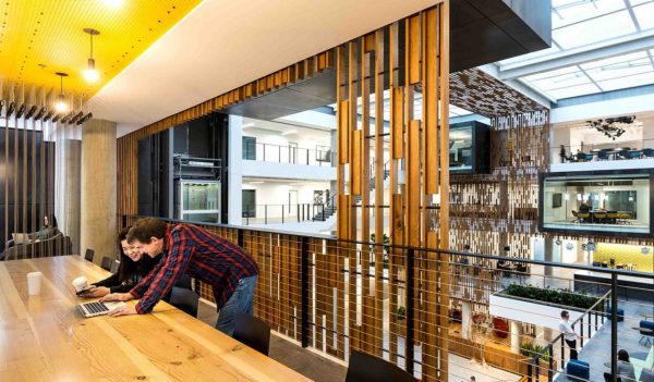 Two colleagues collaborating at long wooden table in daylight inside Microsoft Building 83.