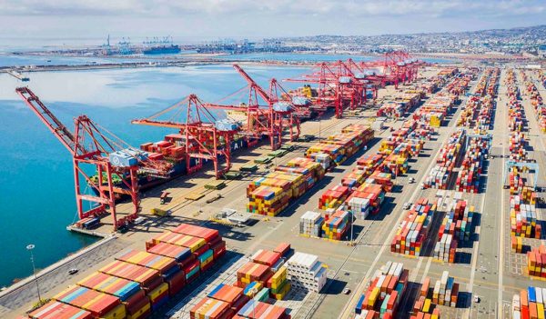 Aerial image of containers in the Port of Long Beach, California.