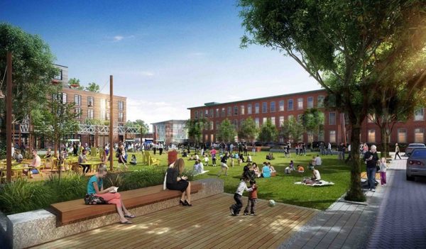 Rendering of new transit oriented village in Newton, Massachusetts