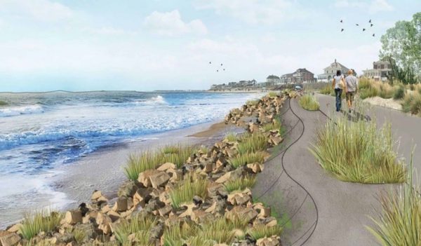 Couple walking next to a living seawall beside the ocean.