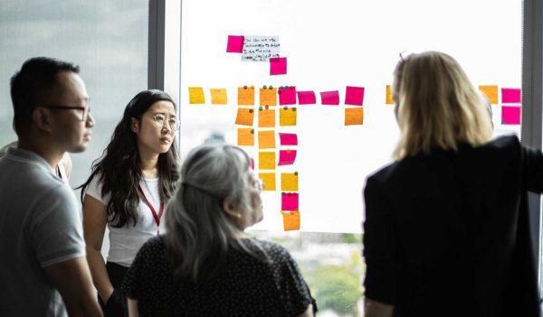 group at window with sticky notes