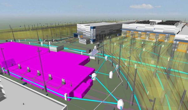 The underground services and stormwater retention vaults overlaid with trackwork at the under-construction Sound Transit Operations and Maintenance Facility East in Bellevue, Washington.