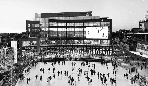 b/w photo, ice skating near Wrigley Field