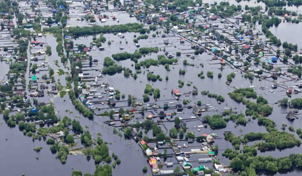 Ob River Flood June 2015 Aerial View of same houses in vicinity of Nizhnevartovsk, Tyumen region, Russia. Aerial view of the residential area of the suburb of Nizhnevartovsk during the flood of 2015.