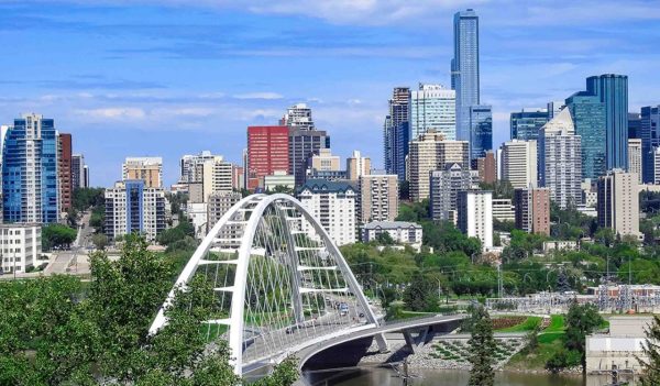 The Walterdale suspension bridge with downtown view in Edmonton, Alberta, Canada