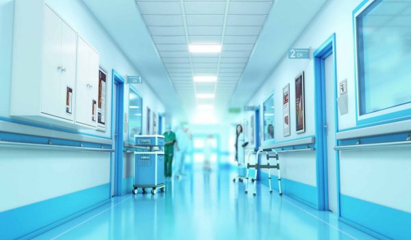 Medical concept. Hospital corridor with rooms. 3d illustration