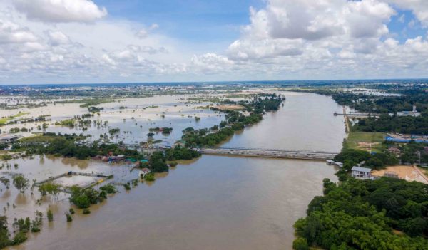 Aerial view of major floods Caused by river overflowing  Resulting in the northeast region Of Thailand adjacent to the Mun River Affected There is Ubon Ratchathani Province, Sisaket on September 14, 2