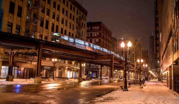 Chicago street at night in the winter