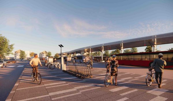 People with bikes waiting at transit station - rendering