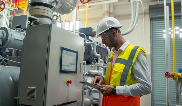 Technician engineer checking controls system for security functions in service room at factory,Heating,Ventilation,Air Conditioning.