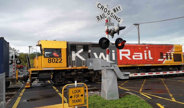 Freight train passing through a crossing with the arms down.