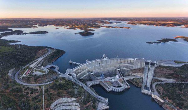 Aerial. View from the sky of the dam on the river Guadiana