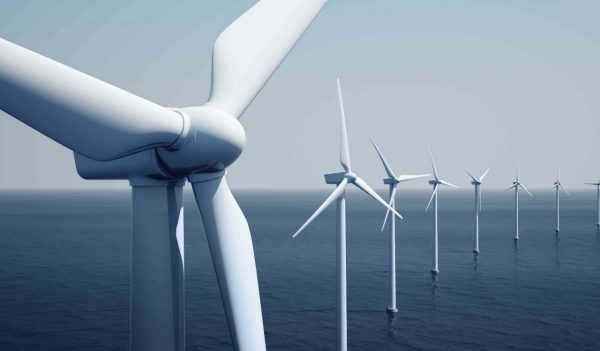 3d rendering of windturbines on the ocean