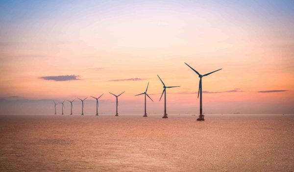 offshore wind farm at dusk in the east China sea.