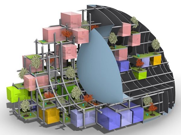 3D Rendering of the building structural grid showing mixed pod types