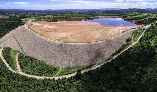 Aerial view of a tailings dam at a remote mine site.