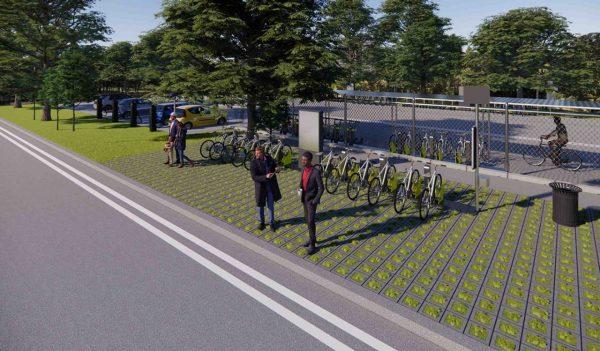 Rendering of bike stand near roadway.