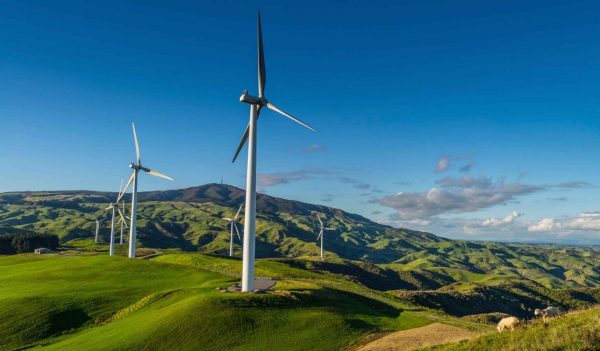 Wind farm next to a state highway in New Zealand