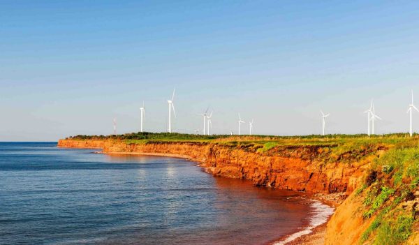 Panoramic view of wind power generators at North Cape, Prince Edward Island, Canada