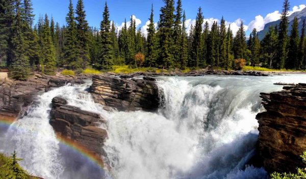 A waterfall in the mountains.