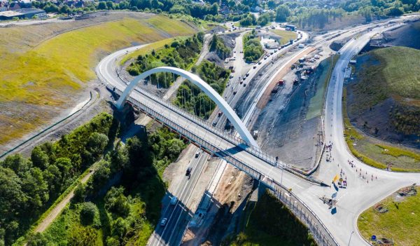 Aerial view of the new Jack Williams Gateway Bridge and the construction of the new A465 Heads of the Valleys road.  