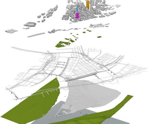 This diagram shows systems (buildings, public realm, and infrastructure) overlaid on the waterfront, rivers, and the watershed of a community.