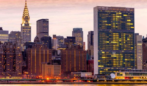 New York City skyline at dusk.