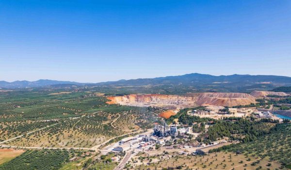 Aerial view of an open pit mine. 