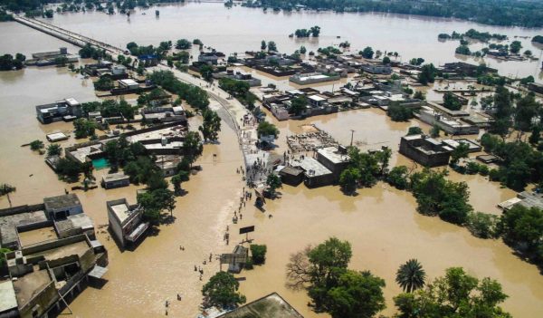 Aerial view of a flooded area.