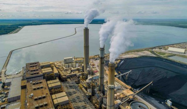 Aerial Overhead View of Large Coal Fired Power Plant