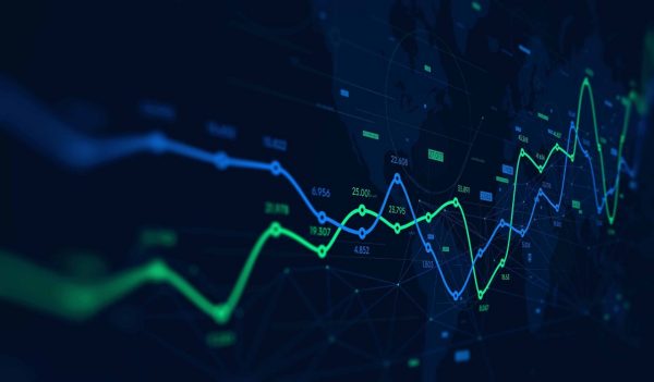 Digital analytics data visualization, financial schedule, monitor screen in perspective