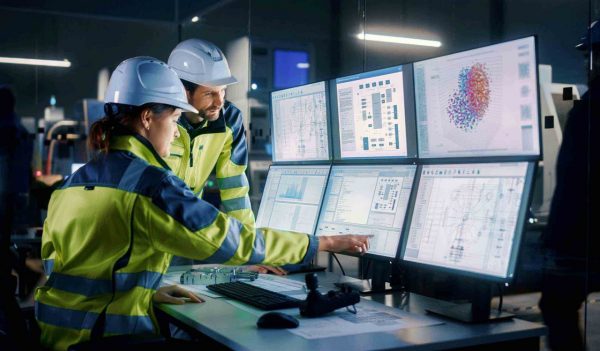 Project Engineer Talks to Female Operator who Controls Facility Production Line, Uses Computer with Screens  Enhanced Assembly Process