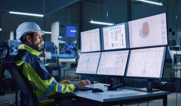 Male factory operations worker looking at multiple computer screens.