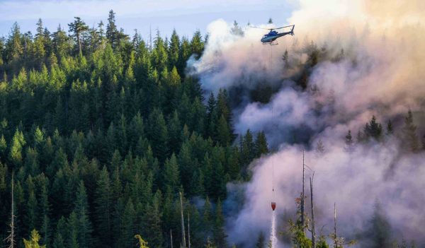 Helicopter fighting BC forest fires during a hot sunny summer day. Taken near Port Alice, Northern Vancouver Island, British Columbia, Canada.