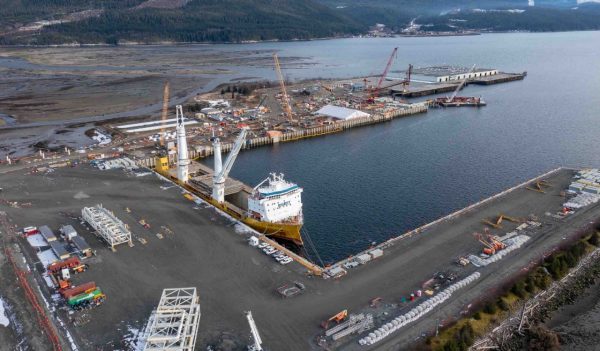 Aerial view of wharf under construction.