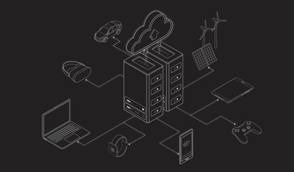 Illustration of electronic devices connected to a computer.