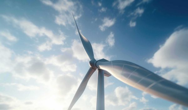 Looking up at the wind turbine against a blue sky with clouds.