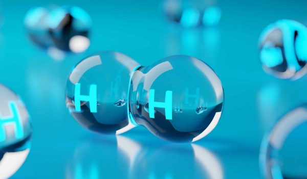 Abstract transparent hydrogen H2 molecules on blue background, clean energy or chemistry concept, 3D illustration