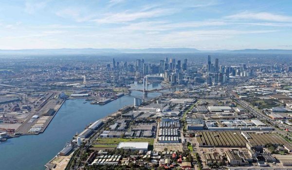 Industrial Melbourne: Docklands and CBD skyline viewed from above Port Melbourne