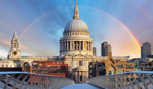 London - Cathedral St. Paul, UK with a rainbow in the back ground.