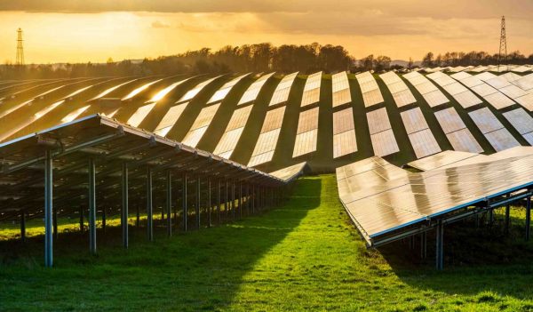 Solar park at sunset - with rows of solar panels.