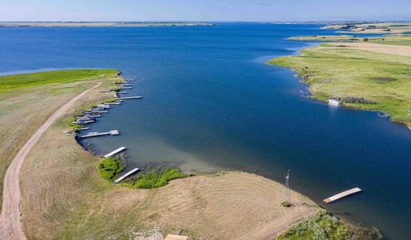 Aerial view by Lake Diefenbaker in Saskatchewan, Canada