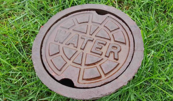 Closeup of a water utility valve surrounded by green grass.