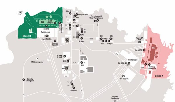 Graphical map shoing th support buildings for the nuclear facility.