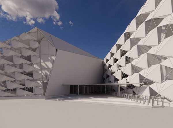AI generated rendering of a complex parametric façade.